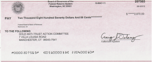 Fed's Check to GATA for illegally withholding a gold-related document GATA sought in its FOI lawsuit 